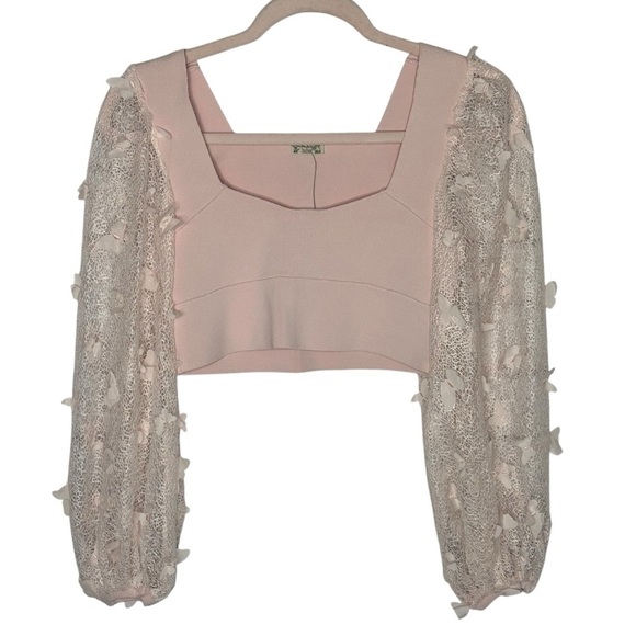 Free People Light Pink Lace Butterfly Balloon Sleeve Crop Top NWT - Picture 4 of 15